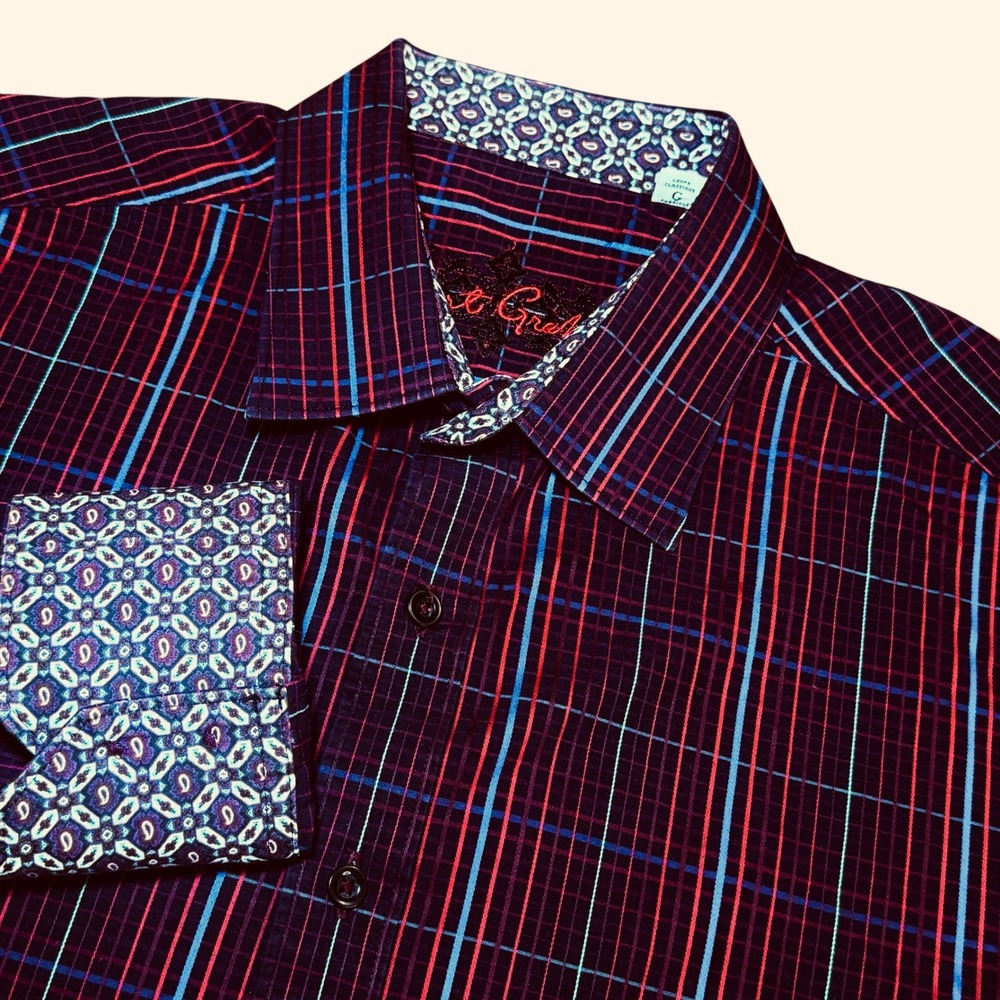 Robert Graham Mens L Classic Fit Plaid Button Down Shirt Burgundy Long Sleeve